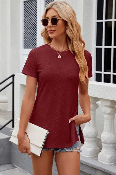Eyelet Slit Round Neck Short Sleeve T-Shirt Wine Women's T-Shirts - Tophatter Daily Deals